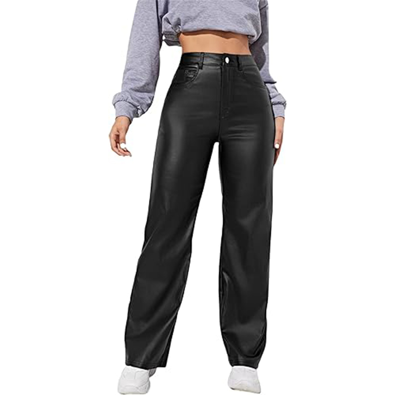 MakeMeChic Women’s High Waist Pockets Straight Leg Jeans Leather Look Pants